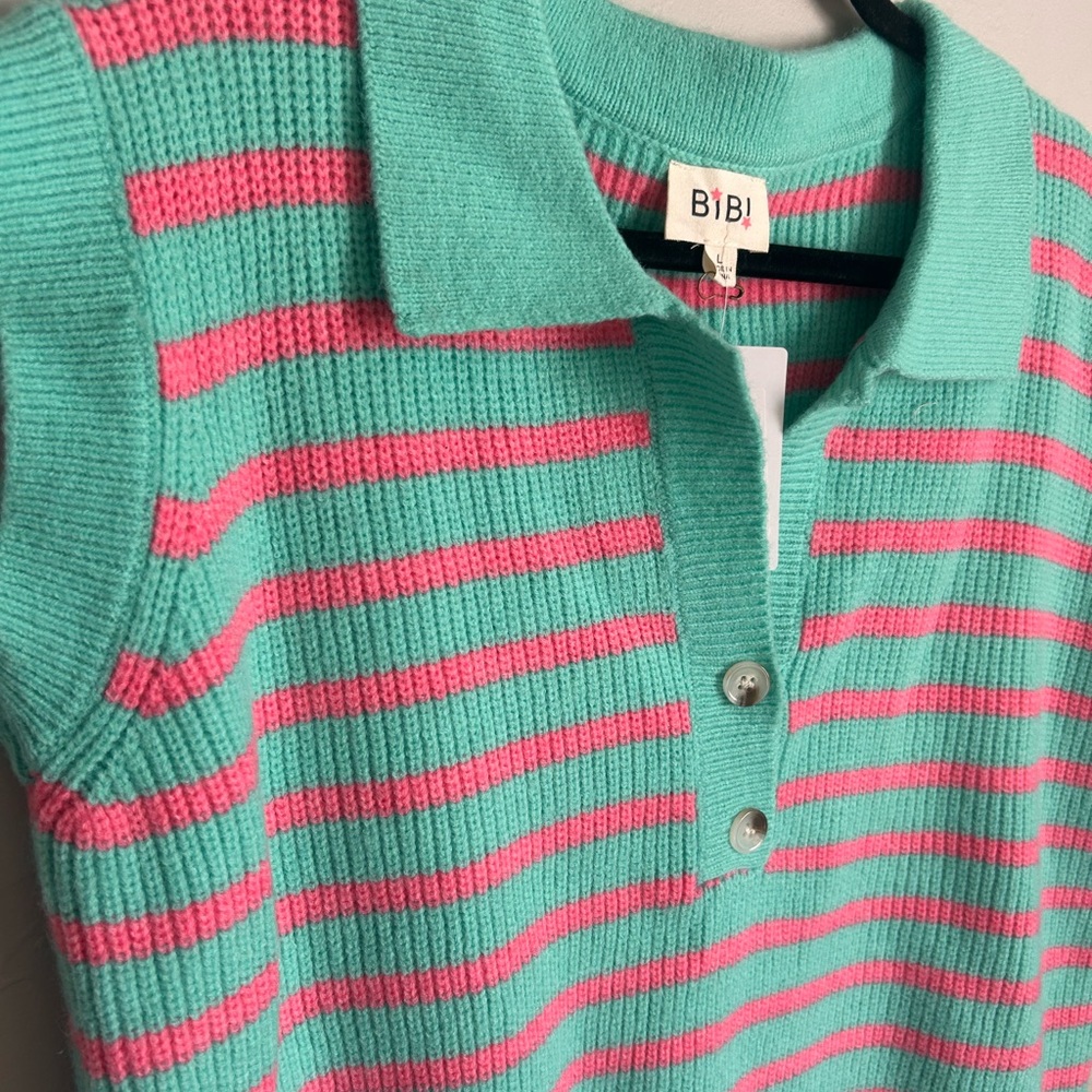 BiBi Women's V-Neck Striped Sweater - Teal and Pink - Picture 2 of 11
